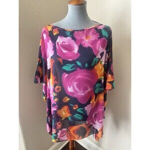 St. John Size M/L Multicolored Floral Print Drawstring Sleeve Poncho Blouse